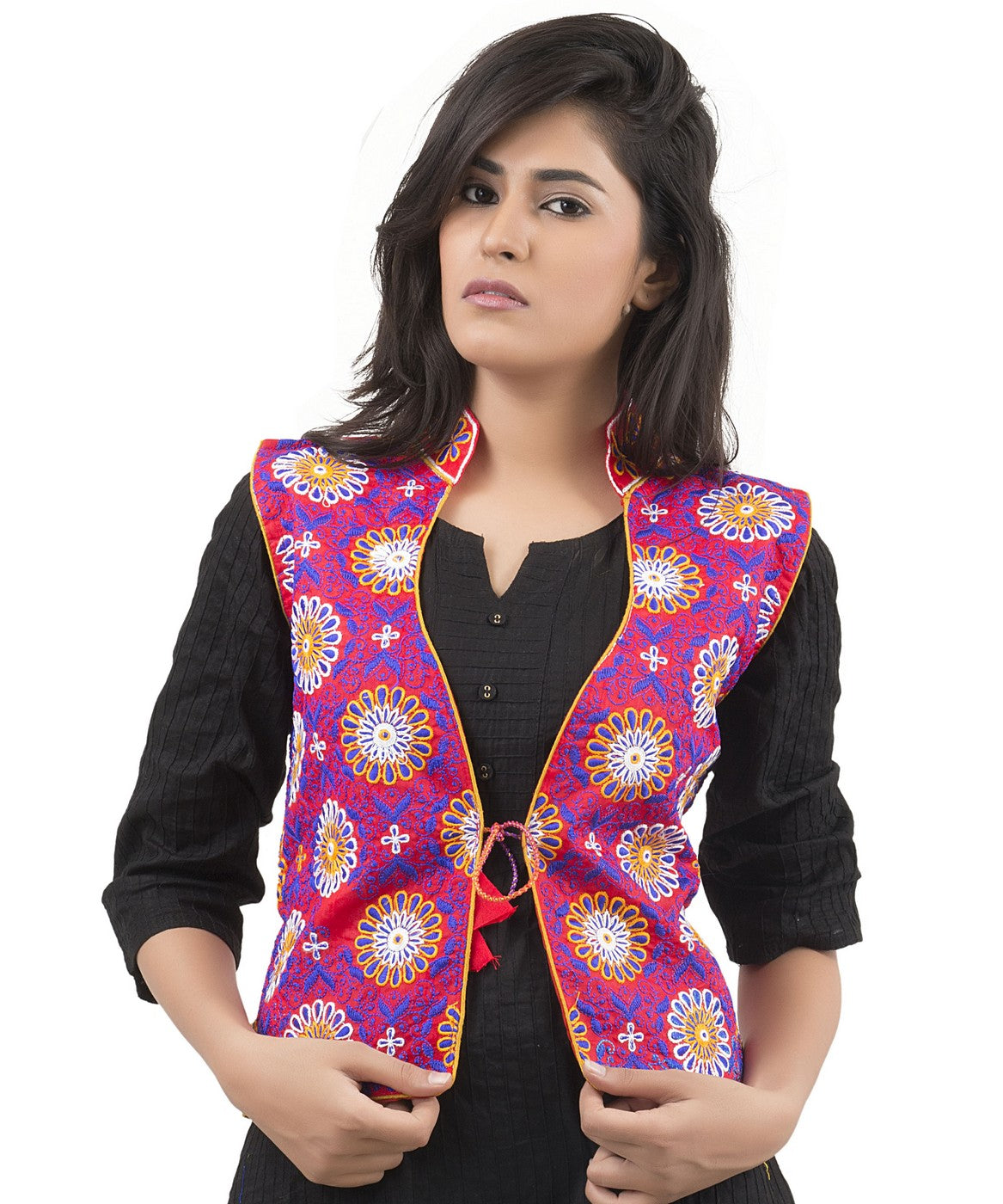 Banjara India Women's Dupion Silk Kutchi Embroidered Sleeveless Waist Length Jacket/Koti/Shrug (Sunflower) - MJK-SUN03 - Banjara India