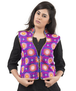 Banjara India Women's Dupion Silk Kutchi Embroidered Sleeveless Waist Length Jacket/Koti/Shrug (Sunflower) - MJK-SUN04 - Banjara India