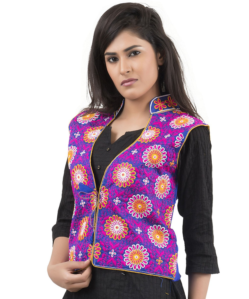 Banjara India Women's Dupion Silk Kutchi Embroidered Sleeveless Waist Length Jacket/Koti/Shrug (Sunflower) - MJK-SUN04 - Banjara India