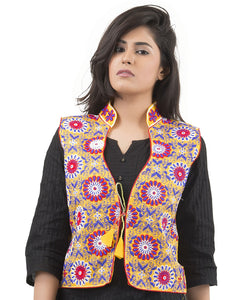 Banjara India Women's Dupion Silk Kutchi Embroidered Sleeveless Waist Length Jacket/Koti/Shrug (Sunflower) - MJK-SUN05 - Banjara India