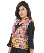 Banjara India Women's Dupion Silk Kutchi Embroidered Sleeveless Waist Length Jacket/Koti/Shrug (Sunflower) - MJK-SUN05 - Banjara India