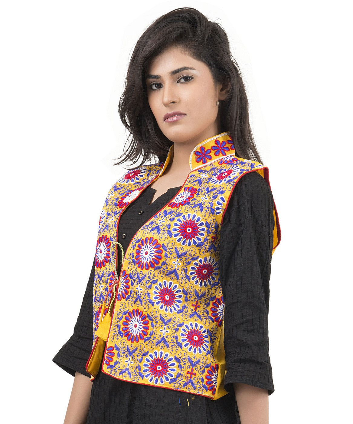 Banjara India Women's Dupion Silk Kutchi Embroidered Sleeveless Waist Length Jacket/Koti/Shrug (Sunflower) - MJK-SUN05 - Banjara India