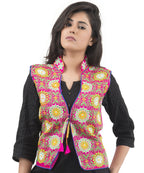 Banjara India Women's Dupion Silk Kutchi Embroidered Sleeveless Waist Length Jacket/Koti/Shrug (Sunflower) - MJK-SUN06 - Banjara India