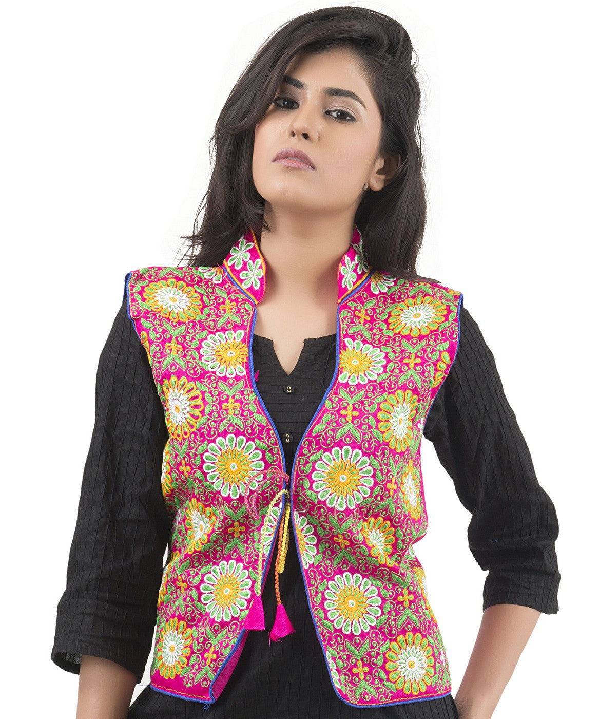 Banjara India Women's Dupion Silk Kutchi Embroidered Sleeveless Waist Length Jacket/Koti/Shrug (Sunflower) - MJK-SUN06 - Banjara India