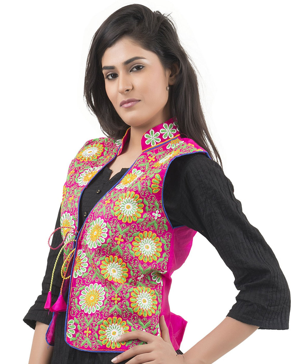 Banjara India Women's Dupion Silk Kutchi Embroidered Sleeveless Waist Length Jacket/Koti/Shrug (Sunflower) - MJK-SUN06 - Banjara India