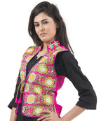 Banjara India Women's Dupion Silk Kutchi Embroidered Sleeveless Waist Length Jacket/Koti/Shrug (Sunflower) - MJK-SUN06 - Banjara India