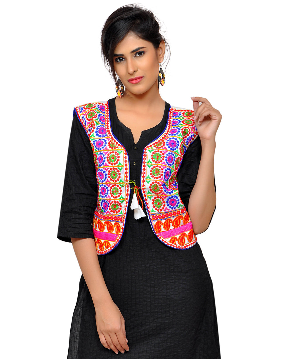 Dupion Silk Kutchi Embroidered Waist Length Jacket/Koti/Shrug (Chakkar) - MJK-CKKR02