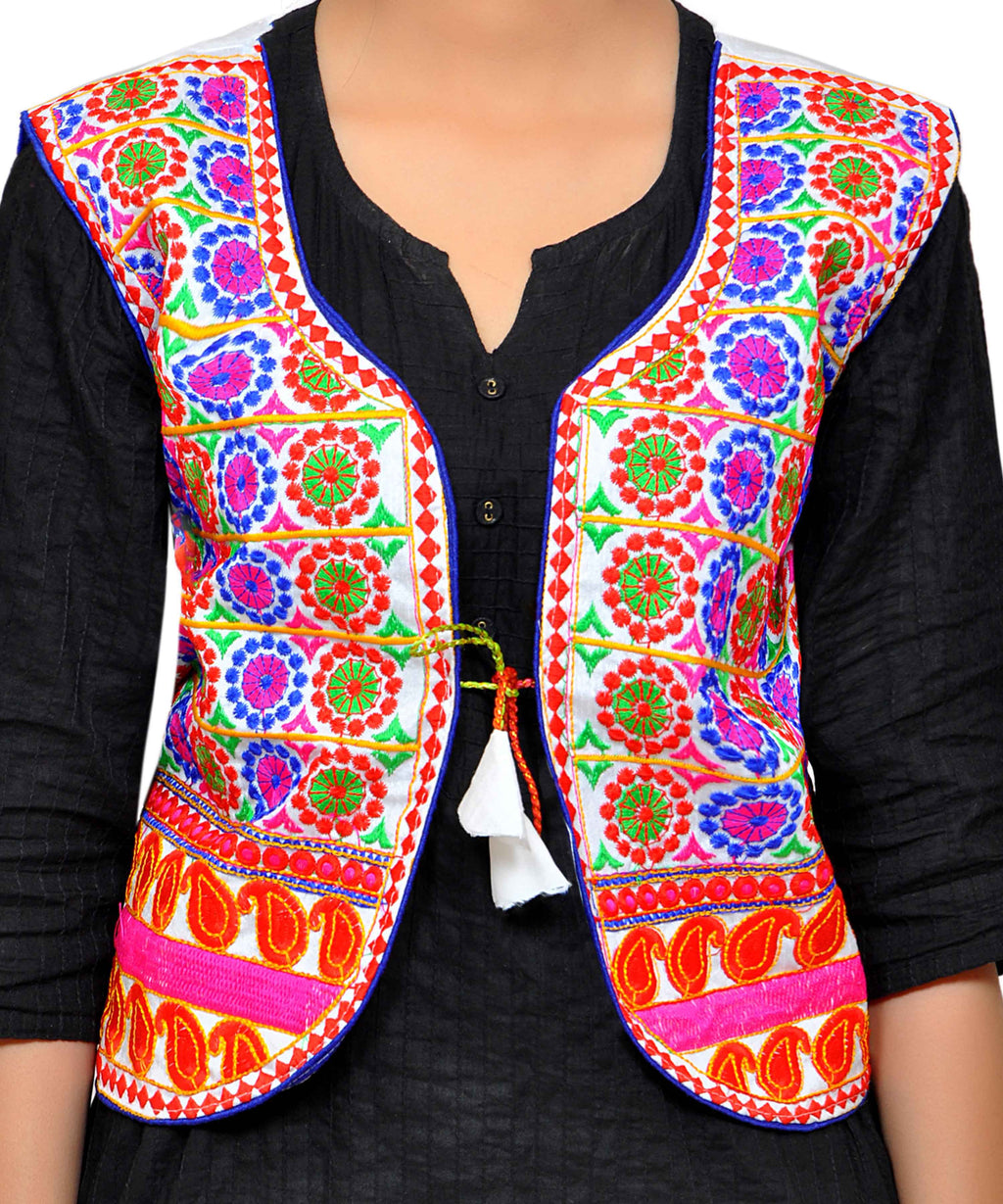 Dupion Silk Kutchi Embroidered Waist Length Jacket/Koti/Shrug (Chakkar) - MJK-CKKR02
