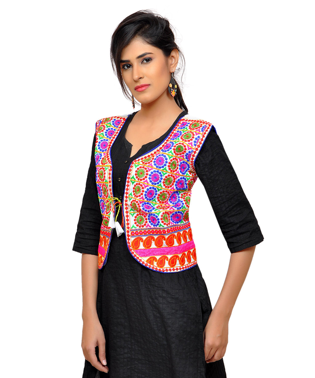 Dupion Silk Kutchi Embroidered Waist Length Jacket/Koti/Shrug (Chakkar) - MJK-CKKR02