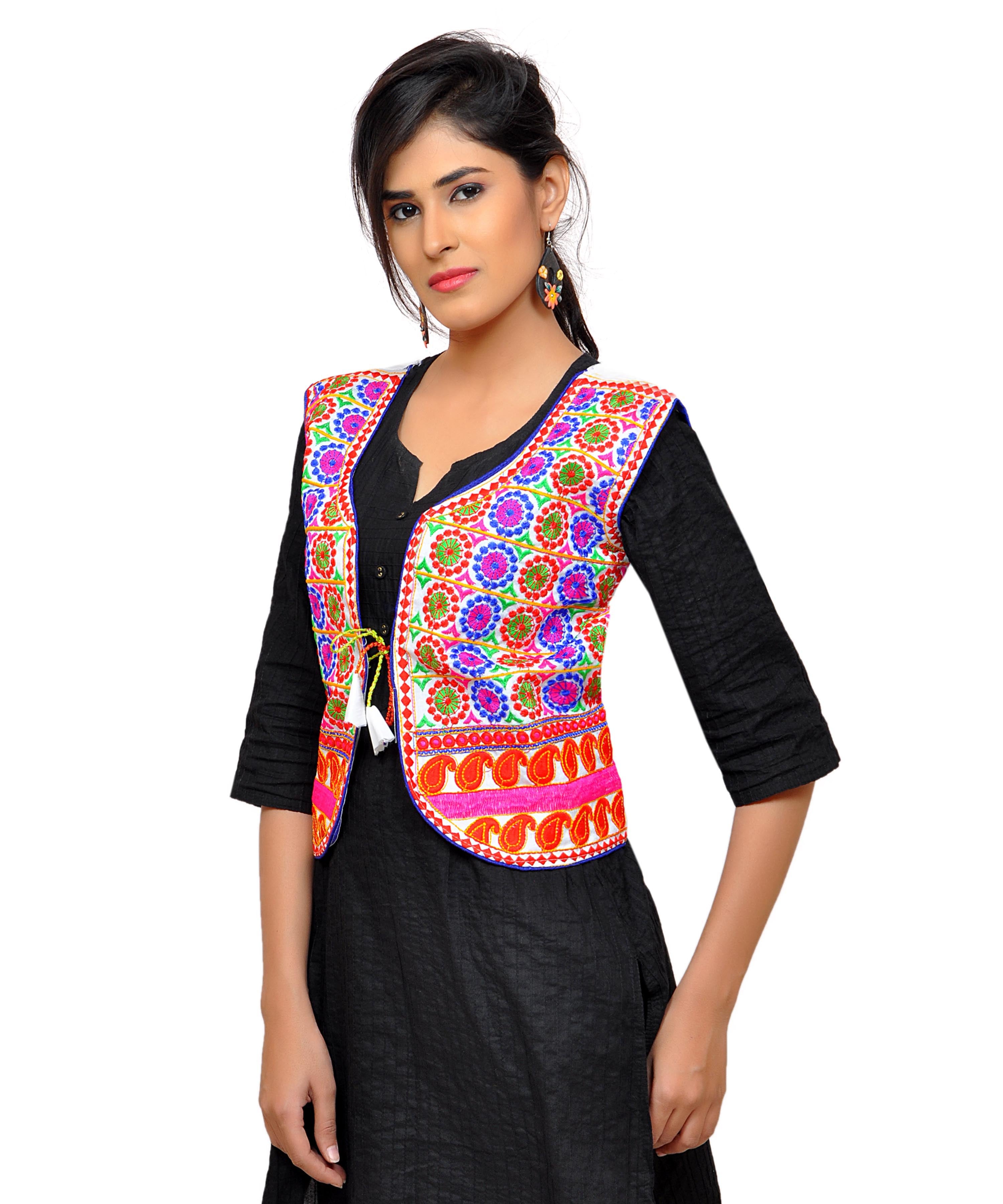 Dupion Silk Kutchi Embroidered Waist Length Jacket/Koti/Shrug (Chakkar) - MJK-CKKR02
