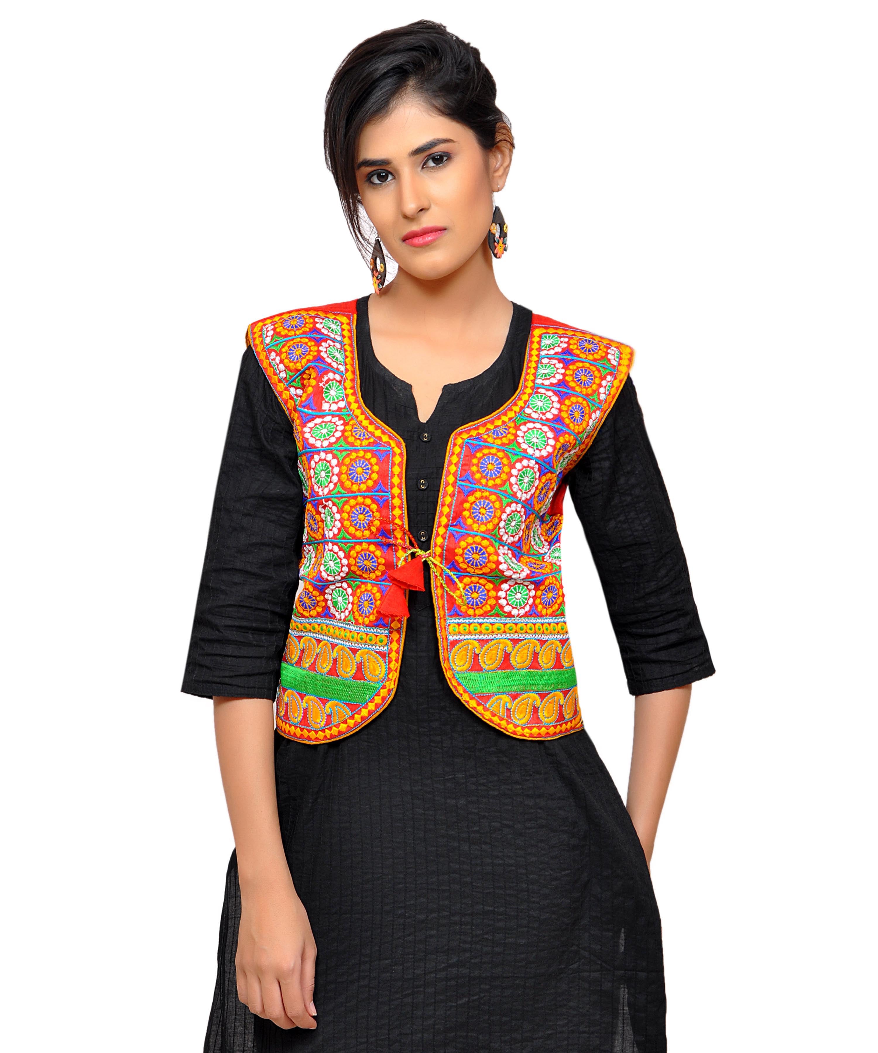 Dupion Silk Kutchi Embroidered Waist Length Jacket/Koti/Shrug (Chakkar) - MJK-CKKR03