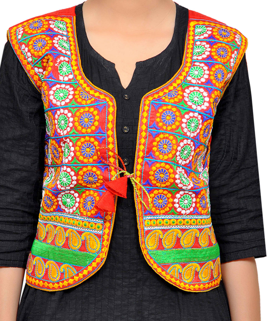 Dupion Silk Kutchi Embroidered Waist Length Jacket/Koti/Shrug (Chakkar) - MJK-CKKR03
