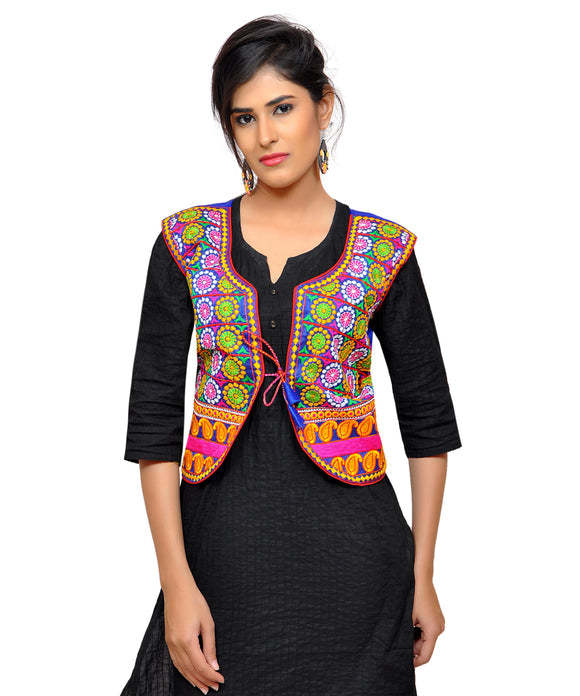 Dupion Silk Kutchi Embroidered Waist Length Jacket/Koti/Shrug (Chakkar) - MJK-CKKR04