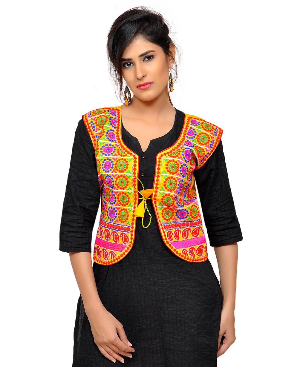 Dupion Silk Kutchi Embroidered Waist Length Jacket/Koti/Shrug (Chakkar) - MJK-CKKR05