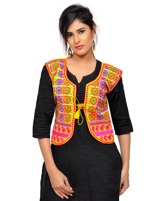 Dupion Silk Kutchi Embroidered Waist Length Jacket/Koti/Shrug (Chakkar) - MJK-CKKR05