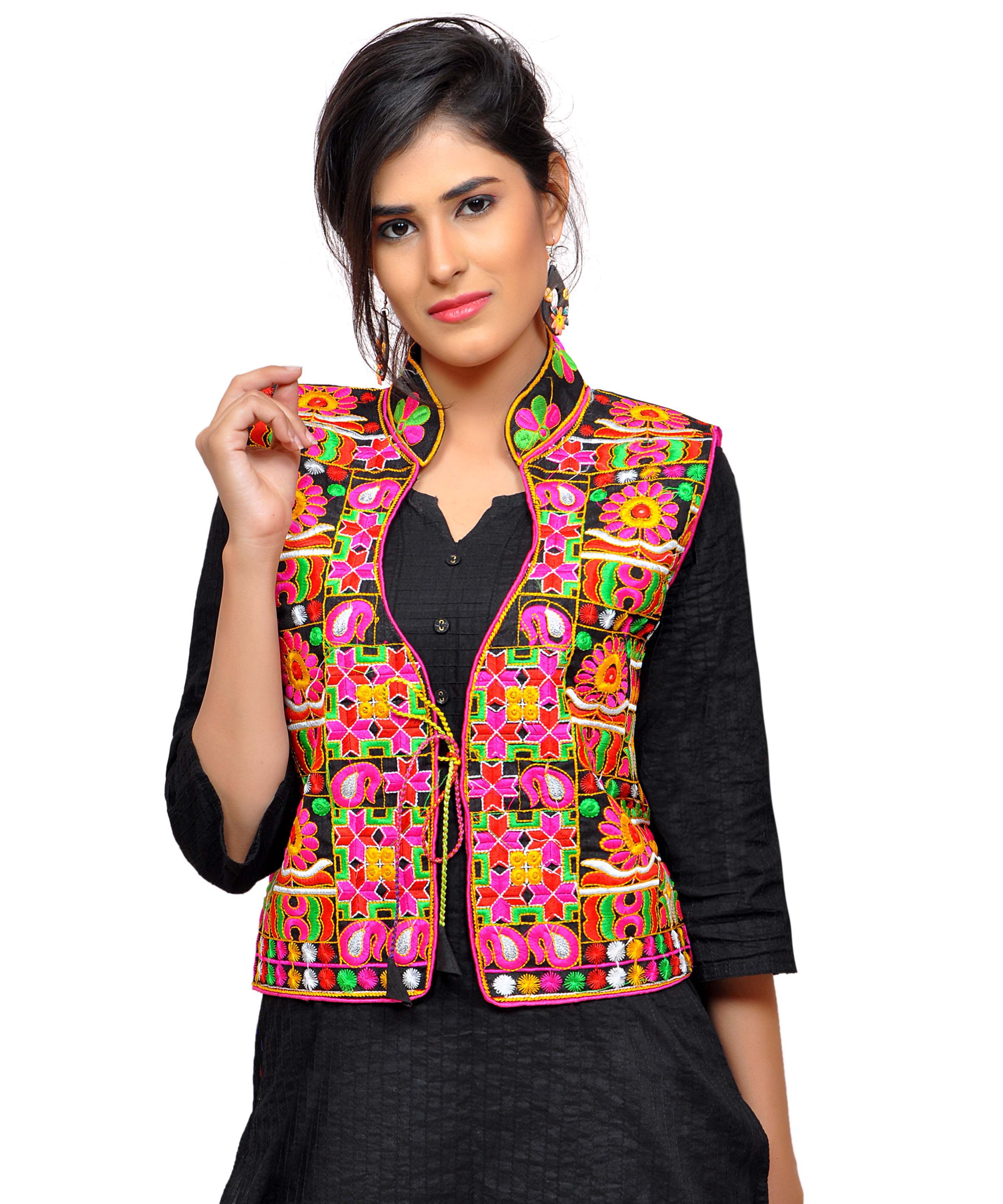 Banjara India Women's Dupion Silk Kutchi Embroidered Sleeveless Waist Length Jacket/Koti/Shrug (Small Keri) - MJK-SKERI01 - Banjara India