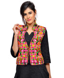 Banjara India Women's Dupion Silk Kutchi Embroidered Sleeveless Waist Length Jacket/Koti/Shrug (Small Keri) - MJK-SKERI01 - Banjara India