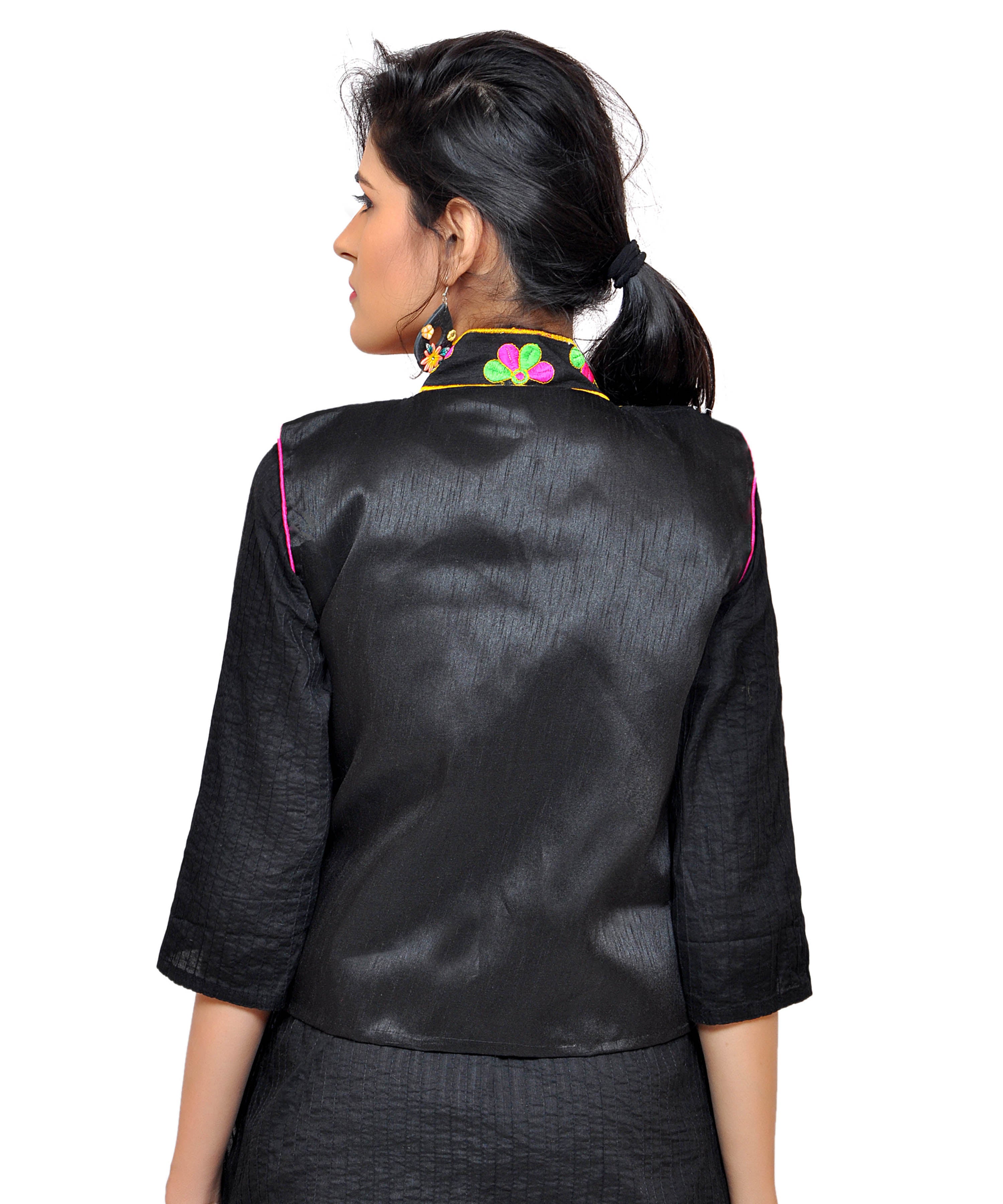 Banjara India Women's Dupion Silk Kutchi Embroidered Sleeveless Waist Length Jacket/Koti/Shrug (Small Keri) - MJK-SKERI01 - Banjara India