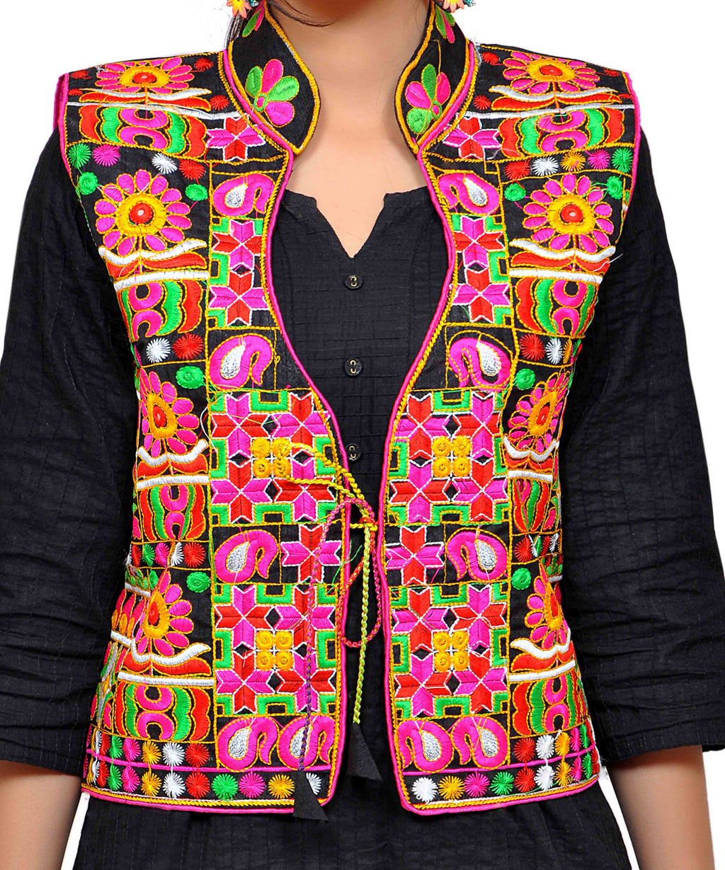 Banjara India Women's Dupion Silk Kutchi Embroidered Sleeveless Waist Length Jacket/Koti/Shrug (Small Keri) - MJK-SKERI01 - Banjara India