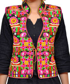 Banjara India Women's Dupion Silk Kutchi Embroidered Sleeveless Waist Length Jacket/Koti/Shrug (Small Keri) - MJK-SKERI01 - Banjara India
