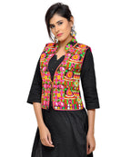 Banjara India Women's Dupion Silk Kutchi Embroidered Sleeveless Waist Length Jacket/Koti/Shrug (Small Keri) - MJK-SKERI01 - Banjara India