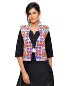Banjara India Women's Dupion Silk Kutchi Embroidered Sleeveless Waist Length Jacket/Koti/Shrug (Small Keri) - MJK-SKERI02 - Banjara India