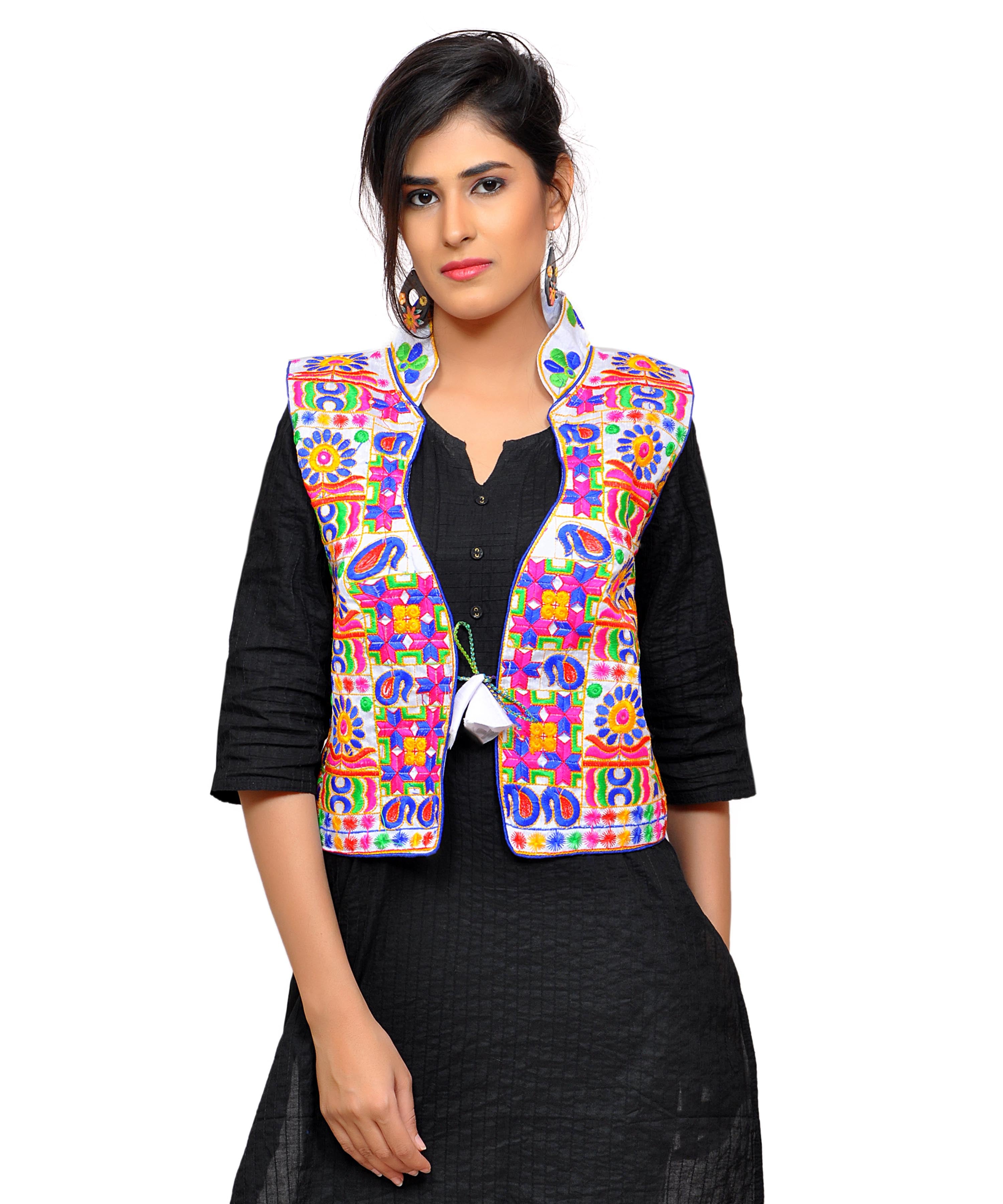 Banjara India Women's Dupion Silk Kutchi Embroidered Sleeveless Waist Length Jacket/Koti/Shrug (Small Keri) - MJK-SKERI02 - Banjara India