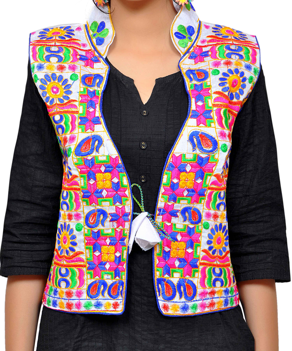Banjara India Women's Dupion Silk Kutchi Embroidered Sleeveless Waist Length Jacket/Koti/Shrug (Small Keri) - MJK-SKERI02 - Banjara India