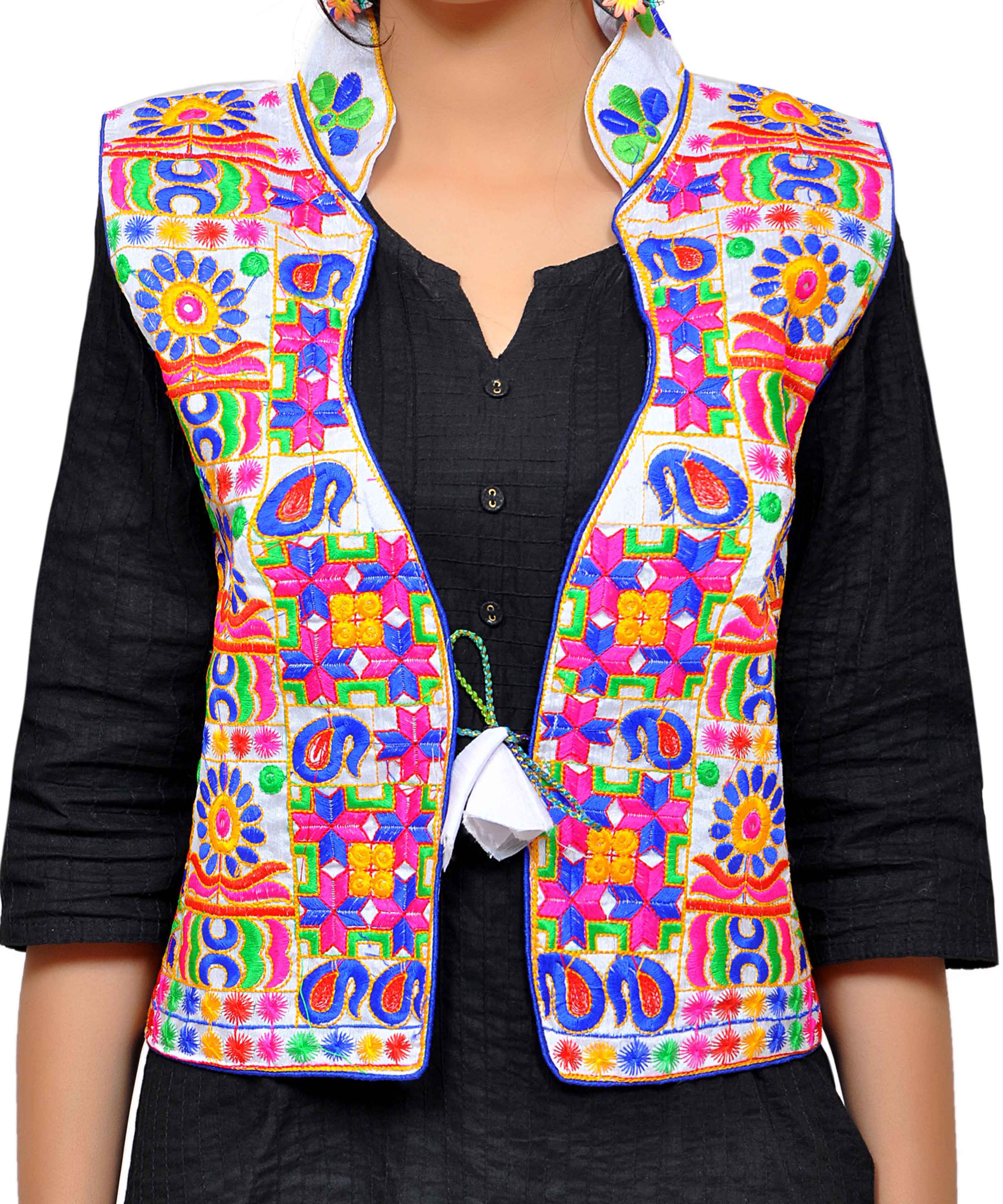 Banjara India Women's Dupion Silk Kutchi Embroidered Sleeveless Waist Length Jacket/Koti/Shrug (Small Keri) - MJK-SKERI02 - Banjara India