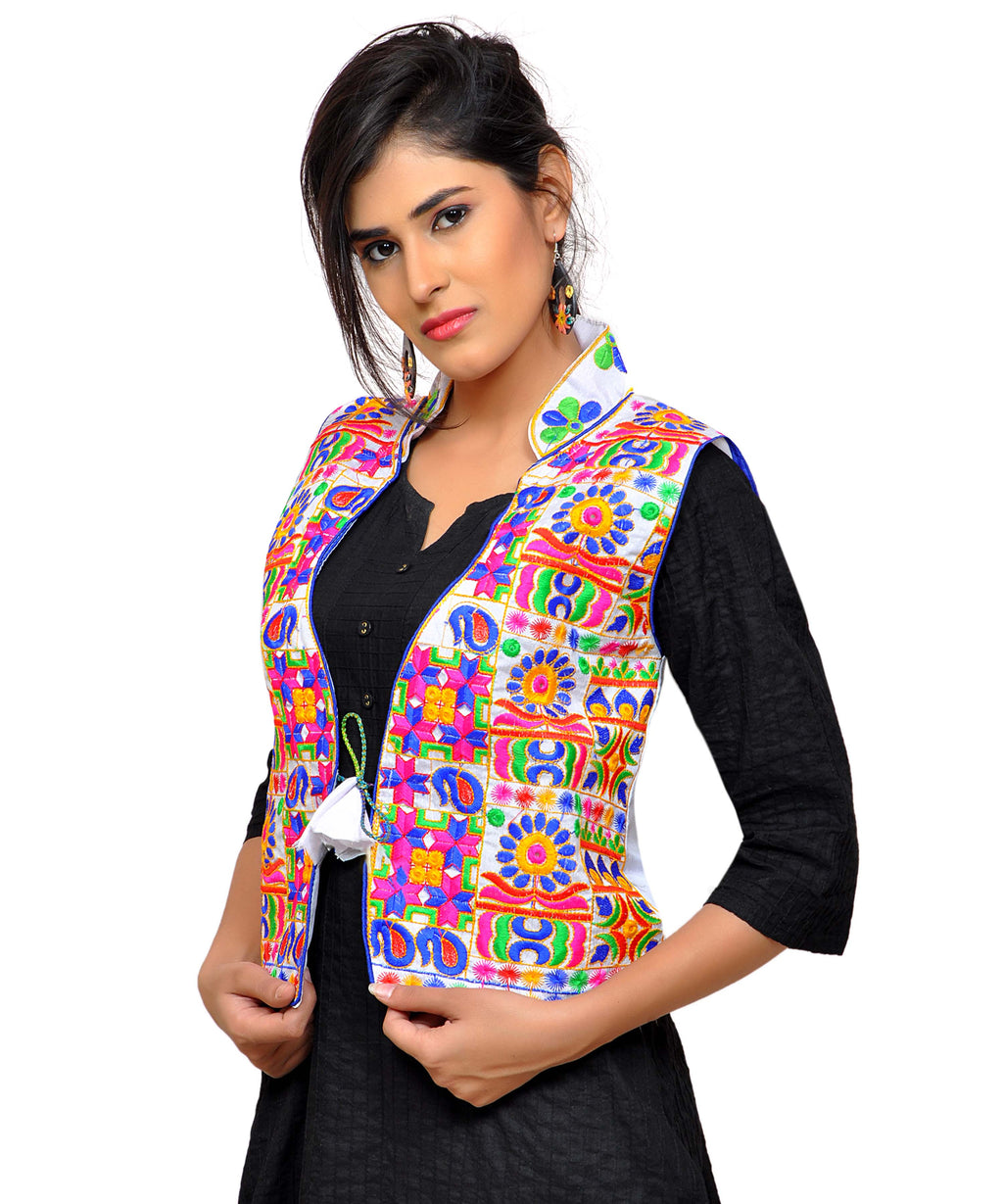 Banjara India Women's Dupion Silk Kutchi Embroidered Sleeveless Waist Length Jacket/Koti/Shrug (Small Keri) - MJK-SKERI02 - Banjara India