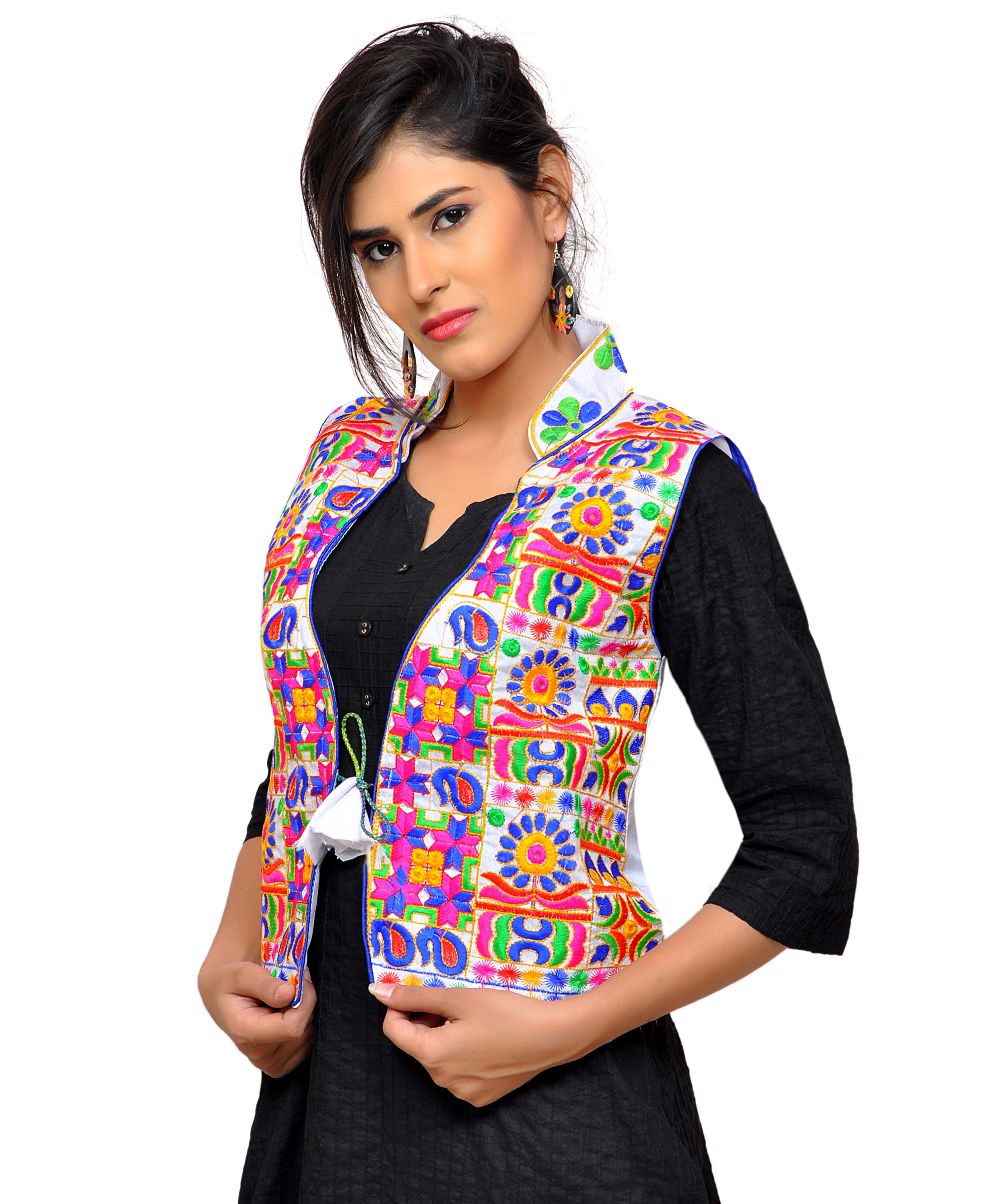 Banjara India Women's Dupion Silk Kutchi Embroidered Sleeveless Waist Length Jacket/Koti/Shrug (Small Keri) - MJK-SKERI02 - Banjara India