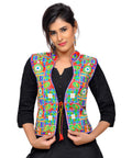 Banjara India Women's Dupion Silk Kutchi Embroidered Sleeveless Waist Length Jacket/Koti/Shrug (Small Keri) - MJK-SKERI03 - Banjara India