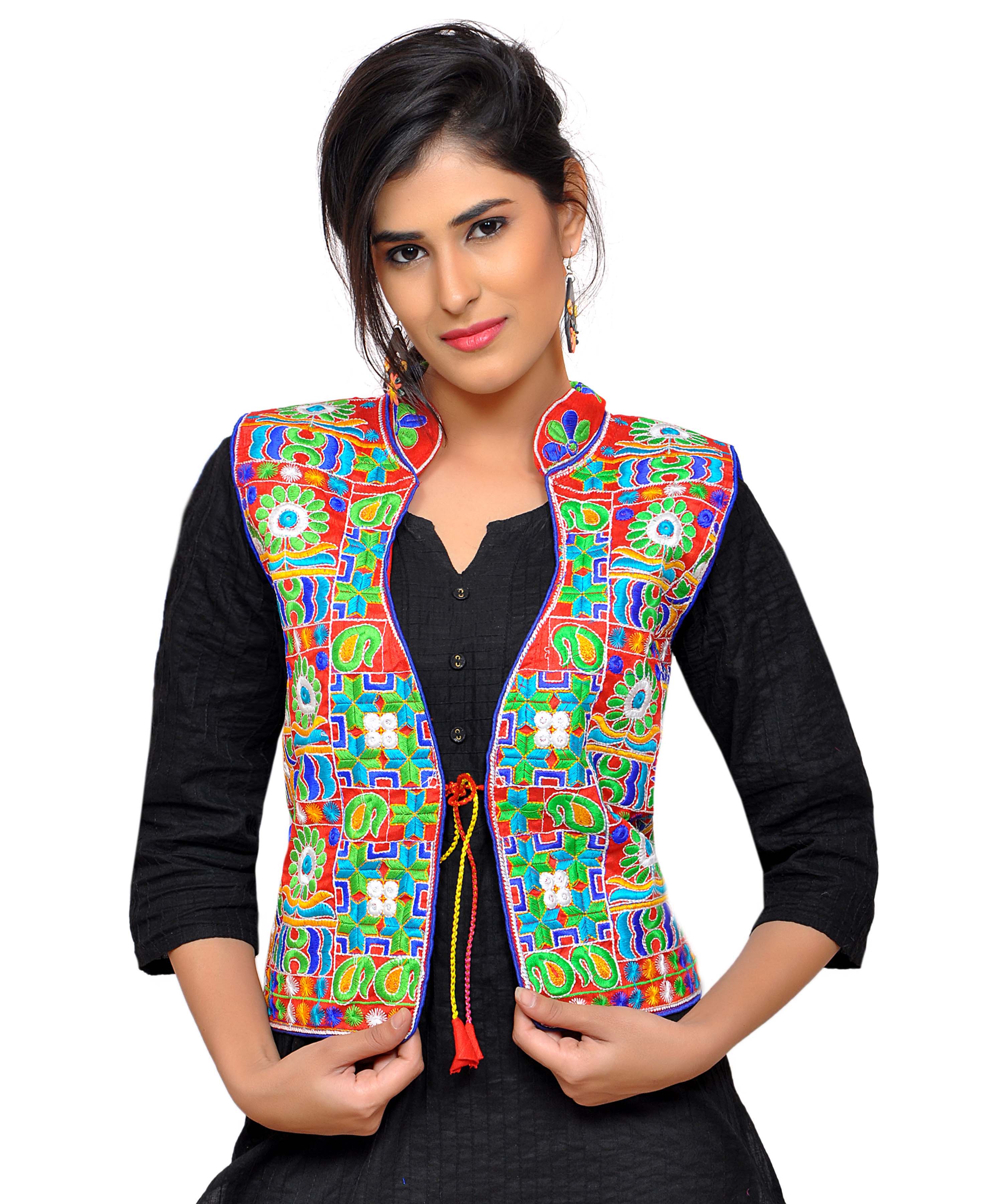Banjara India Women's Dupion Silk Kutchi Embroidered Sleeveless Waist Length Jacket/Koti/Shrug (Small Keri) - MJK-SKERI03 - Banjara India