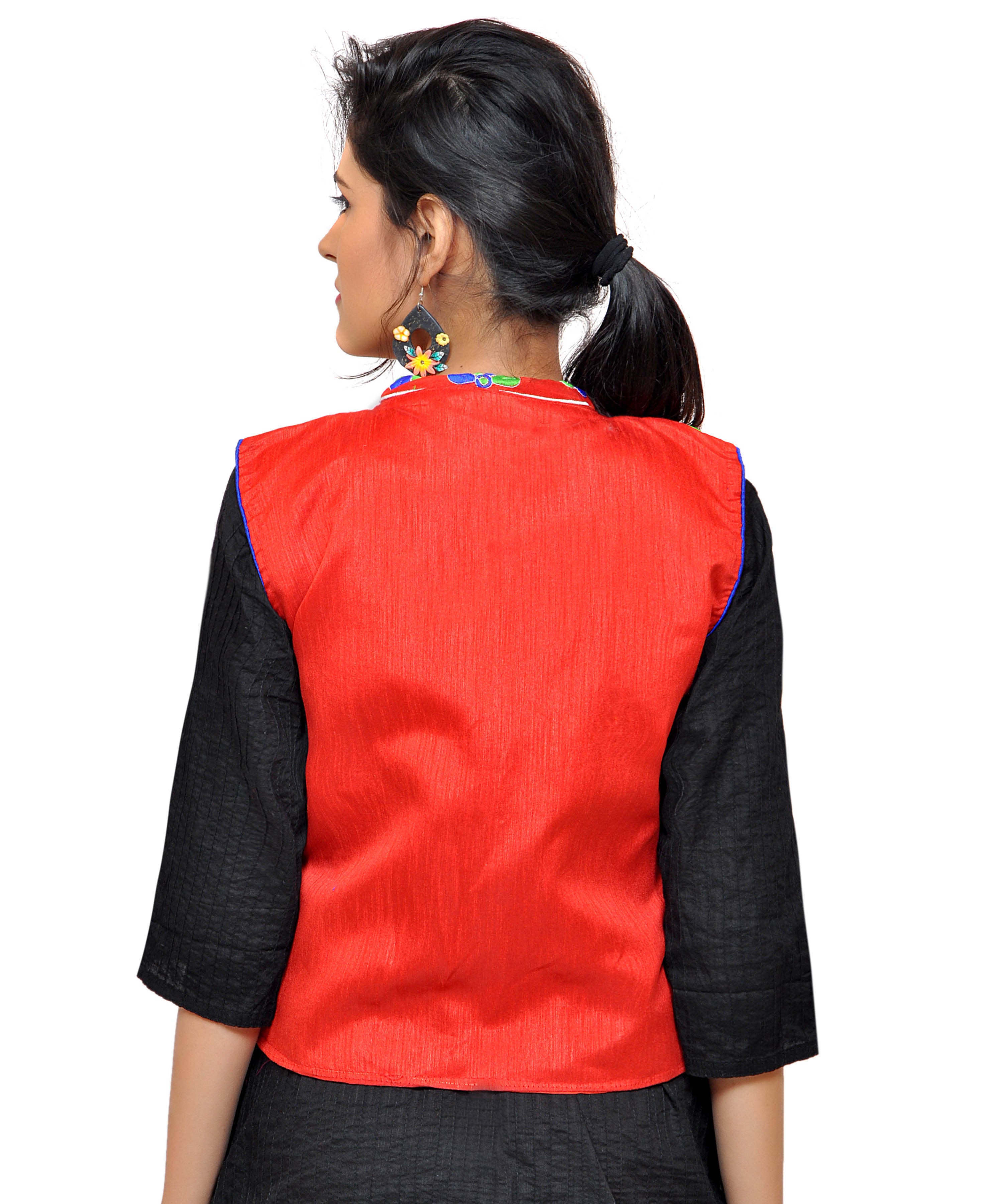 Banjara India Women's Dupion Silk Kutchi Embroidered Sleeveless Waist Length Jacket/Koti/Shrug (Small Keri) - MJK-SKERI03 - Banjara India