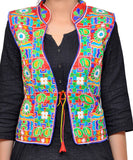 Banjara India Women's Dupion Silk Kutchi Embroidered Sleeveless Waist Length Jacket/Koti/Shrug (Small Keri) - MJK-SKERI03 - Banjara India