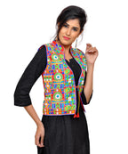 Banjara India Women's Dupion Silk Kutchi Embroidered Sleeveless Waist Length Jacket/Koti/Shrug (Small Keri) - MJK-SKERI03 - Banjara India