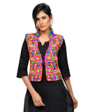 Banjara India Women's Dupion Silk Kutchi Embroidered Sleeveless Waist Length Jacket/Koti/Shrug (Small Keri) - MJK-SKERI04 - Banjara India