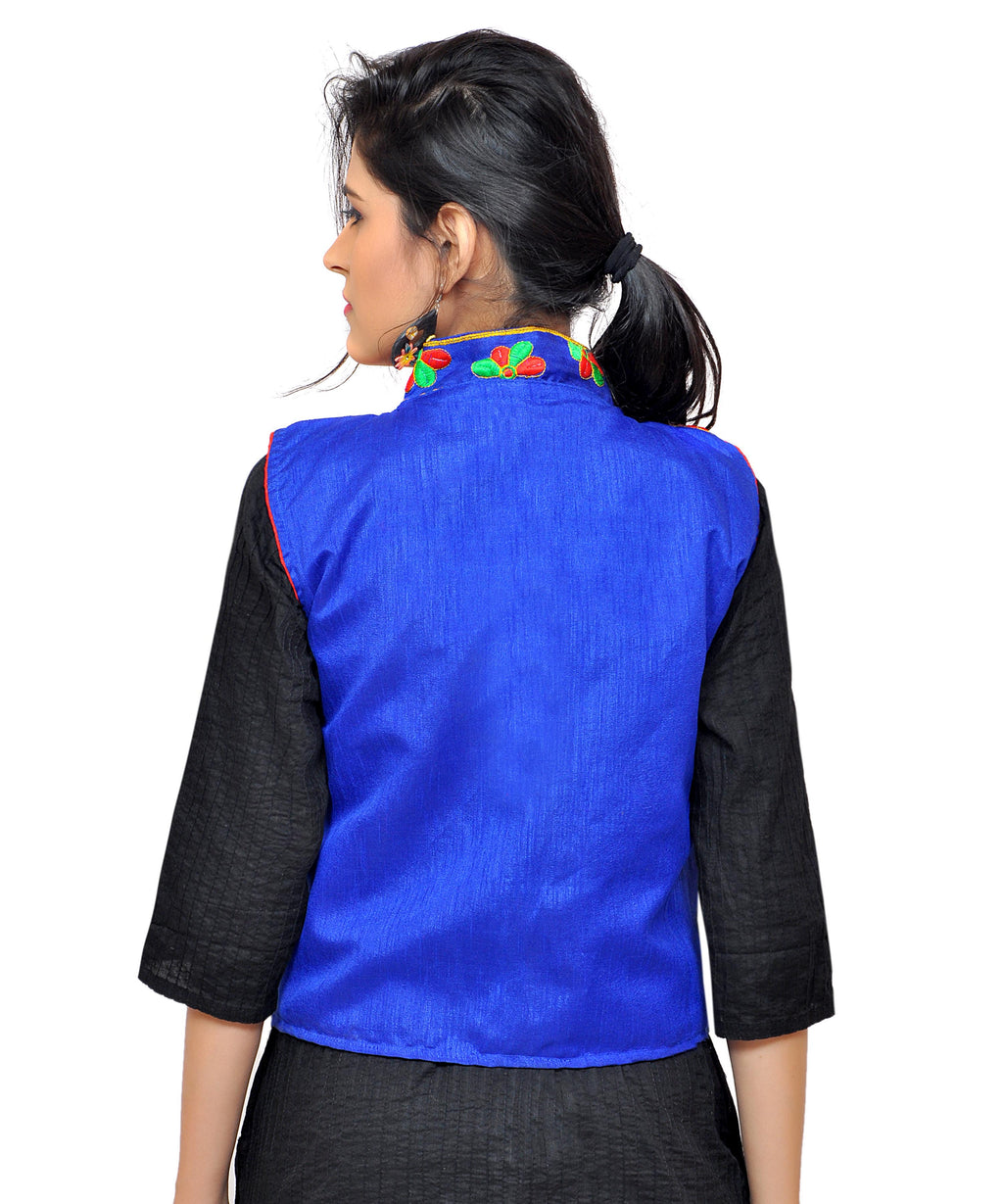 Banjara India Women's Dupion Silk Kutchi Embroidered Sleeveless Waist Length Jacket/Koti/Shrug (Small Keri) - MJK-SKERI04 - Banjara India