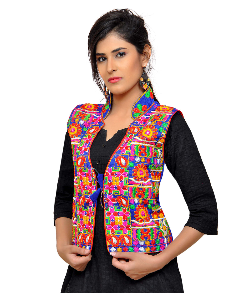 Banjara India Women's Dupion Silk Kutchi Embroidered Sleeveless Waist Length Jacket/Koti/Shrug (Small Keri) - MJK-SKERI04 - Banjara India