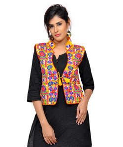 Banjara India Women's Dupion Silk Kutchi Embroidered Sleeveless Waist Length Jacket/Koti/Shrug (Small Keri) - MJK-SKERI05 - Banjara India