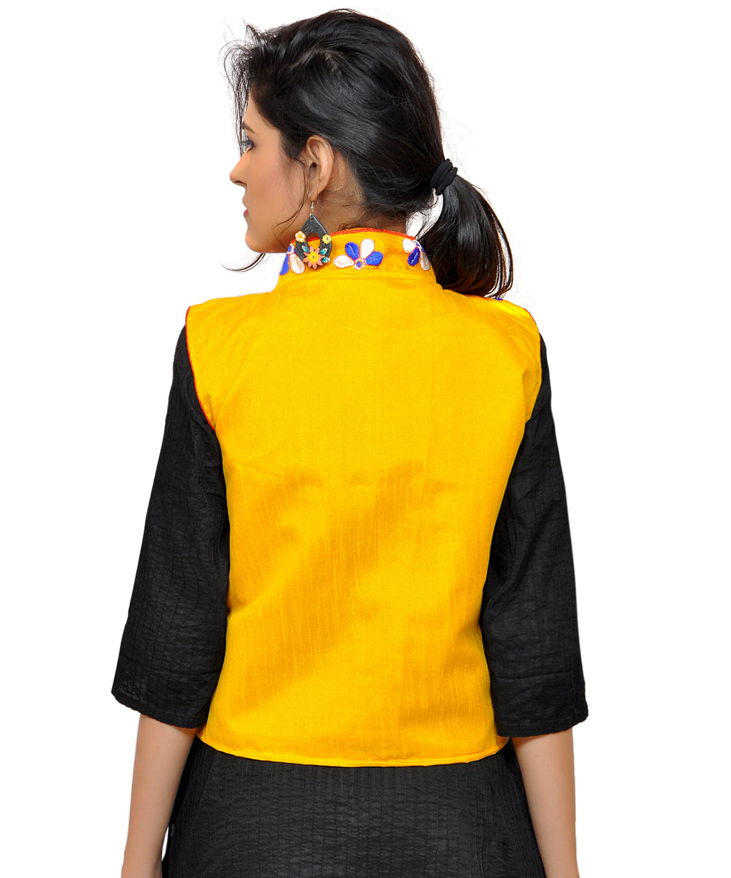 Banjara India Women's Dupion Silk Kutchi Embroidered Sleeveless Waist Length Jacket/Koti/Shrug (Small Keri) - MJK-SKERI05 - Banjara India