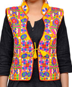 Banjara India Women's Dupion Silk Kutchi Embroidered Sleeveless Waist Length Jacket/Koti/Shrug (Small Keri) - MJK-SKERI05 - Banjara India