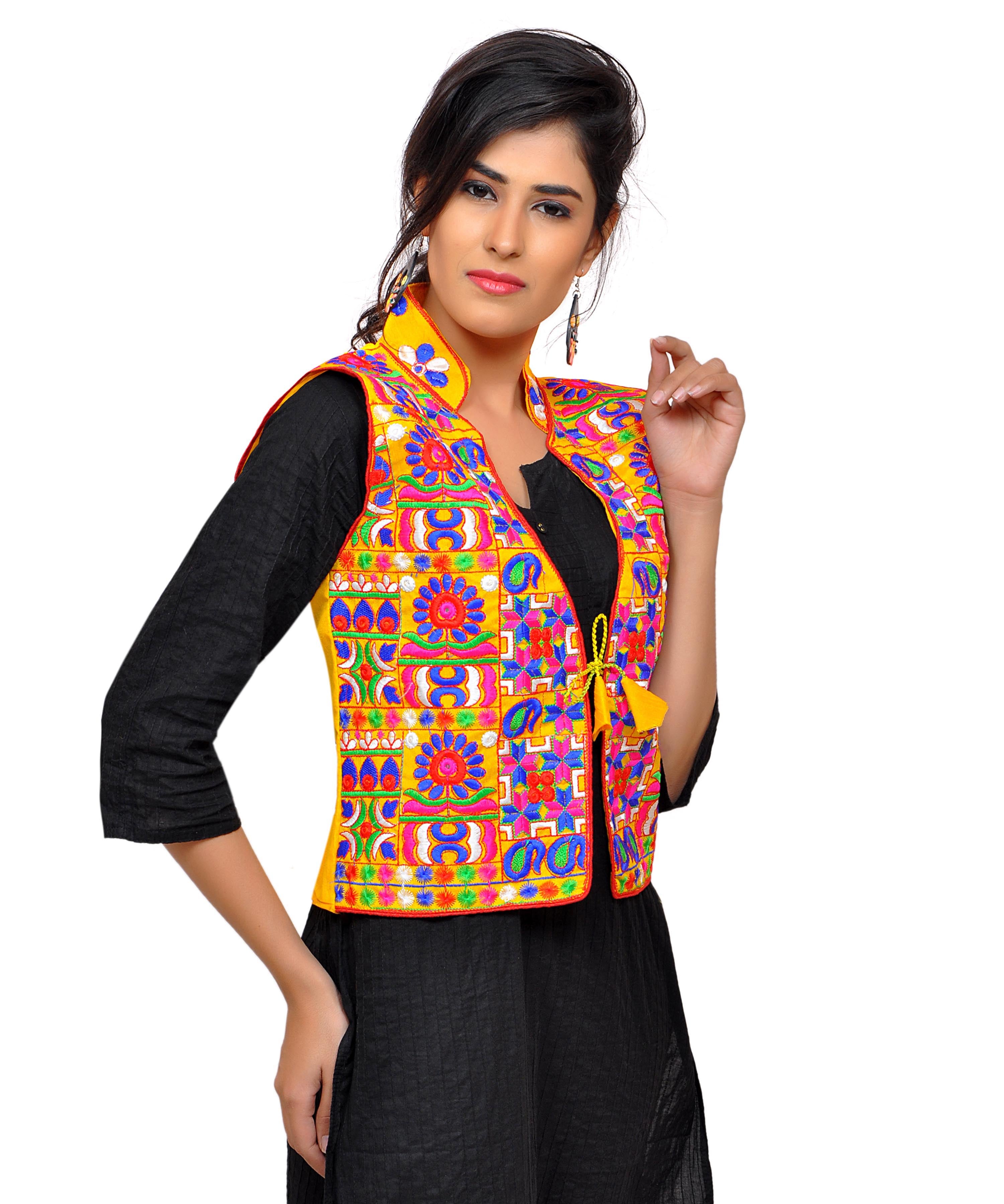 Banjara India Women's Dupion Silk Kutchi Embroidered Sleeveless Waist Length Jacket/Koti/Shrug (Small Keri) - MJK-SKERI05 - Banjara India