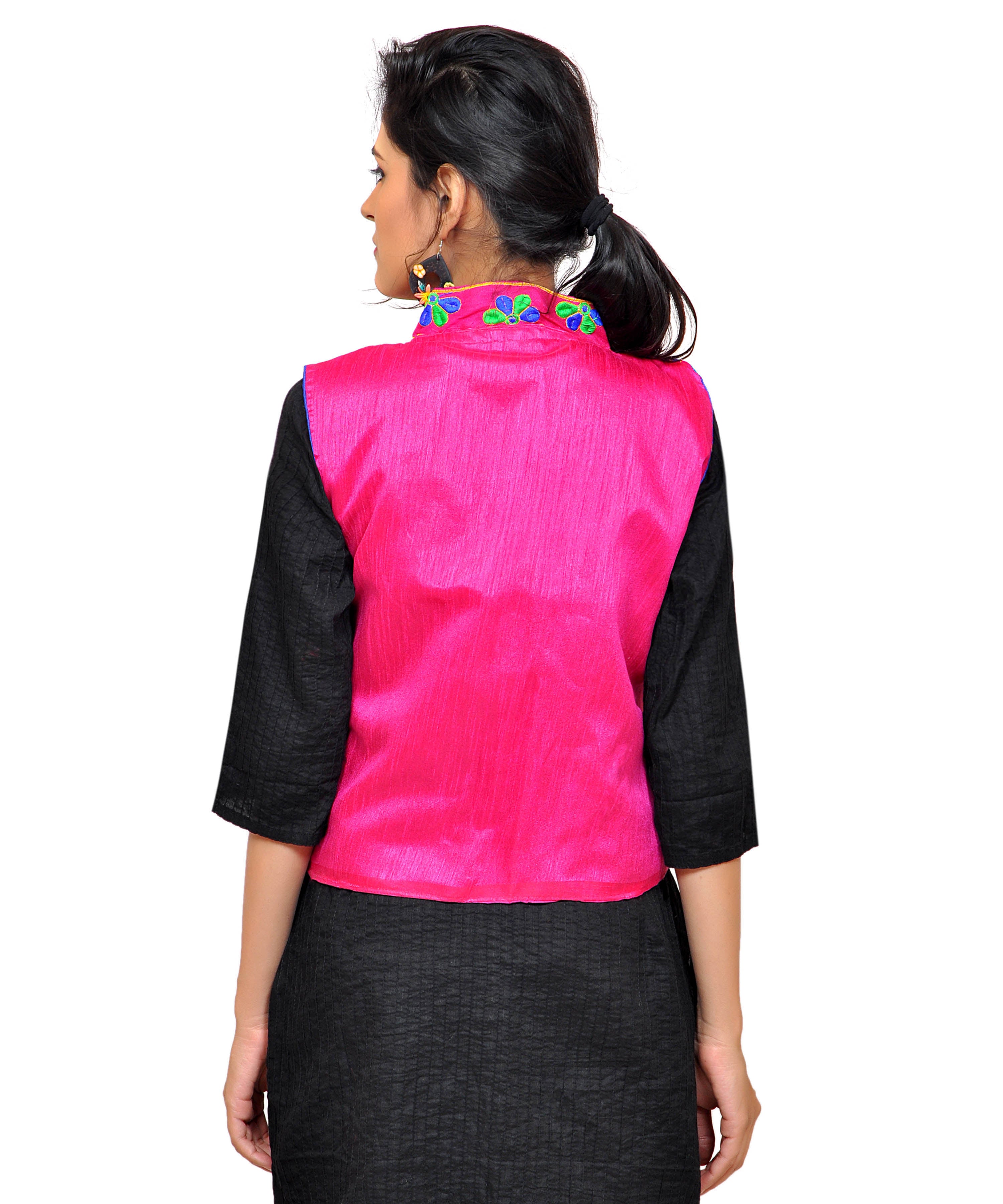 Banjara India Women's Dupion Silk Kutchi Embroidered Sleeveless Waist Length Jacket/Koti/Shrug (Small Keri) - MJK-SKERI06 - Banjara India