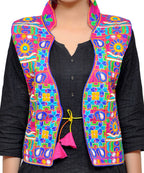 Banjara India Women's Dupion Silk Kutchi Embroidered Sleeveless Waist Length Jacket/Koti/Shrug (Small Keri) - MJK-SKERI06 - Banjara India
