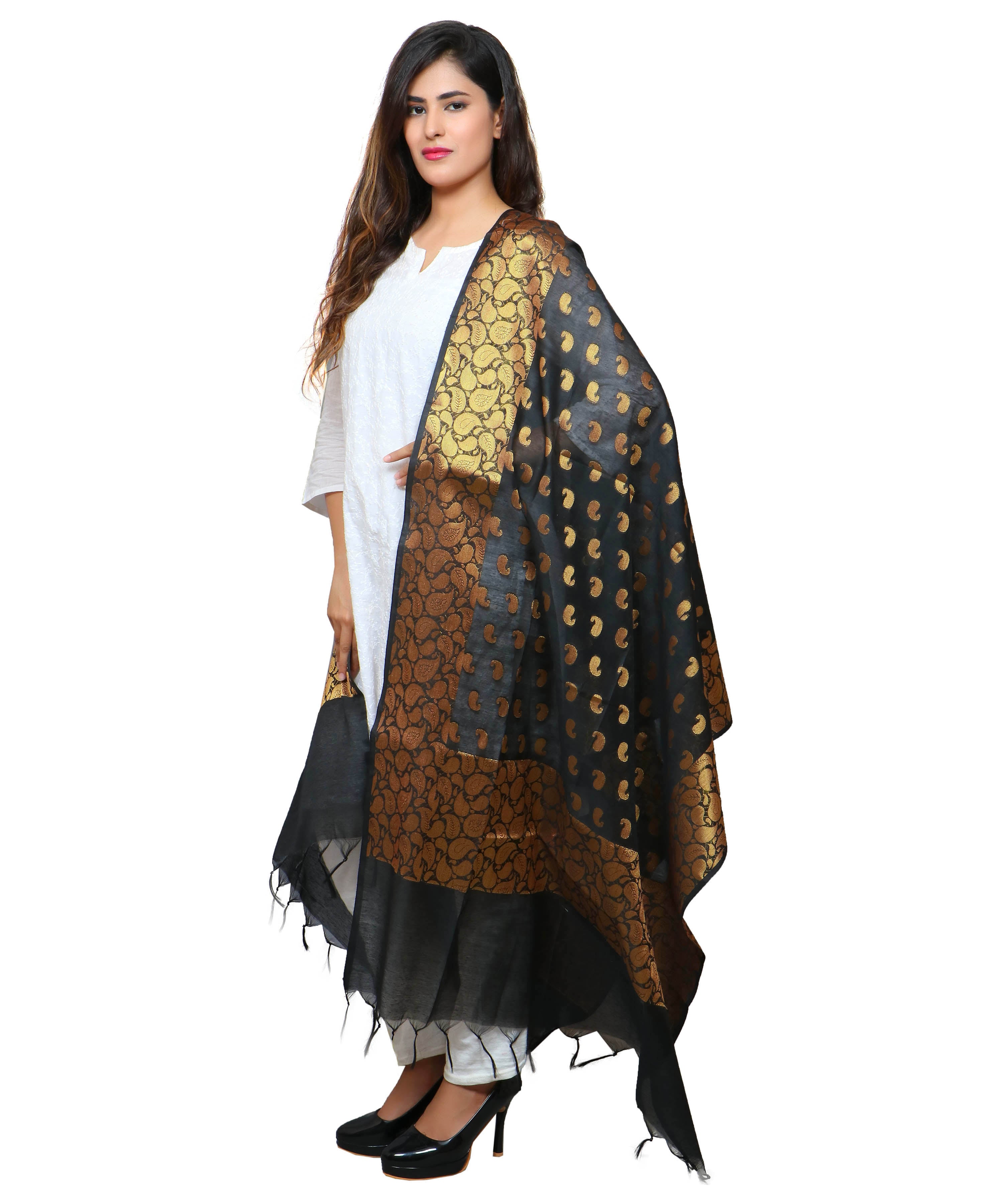 Banarasi Kora Silk Mango Butti Dupatta- Black
