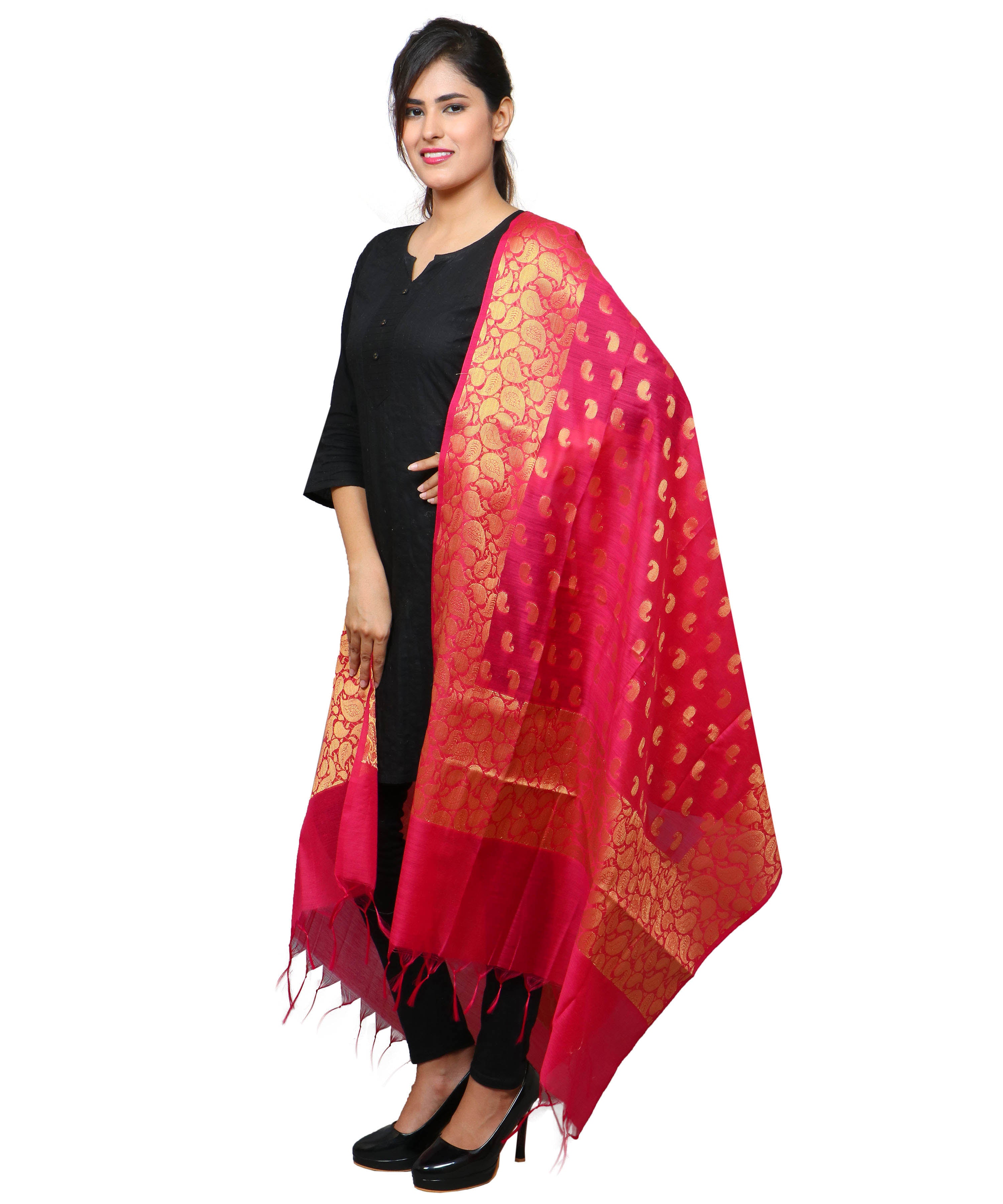 Banarasi Kora Silk Mango Butti Dupatta- Pink