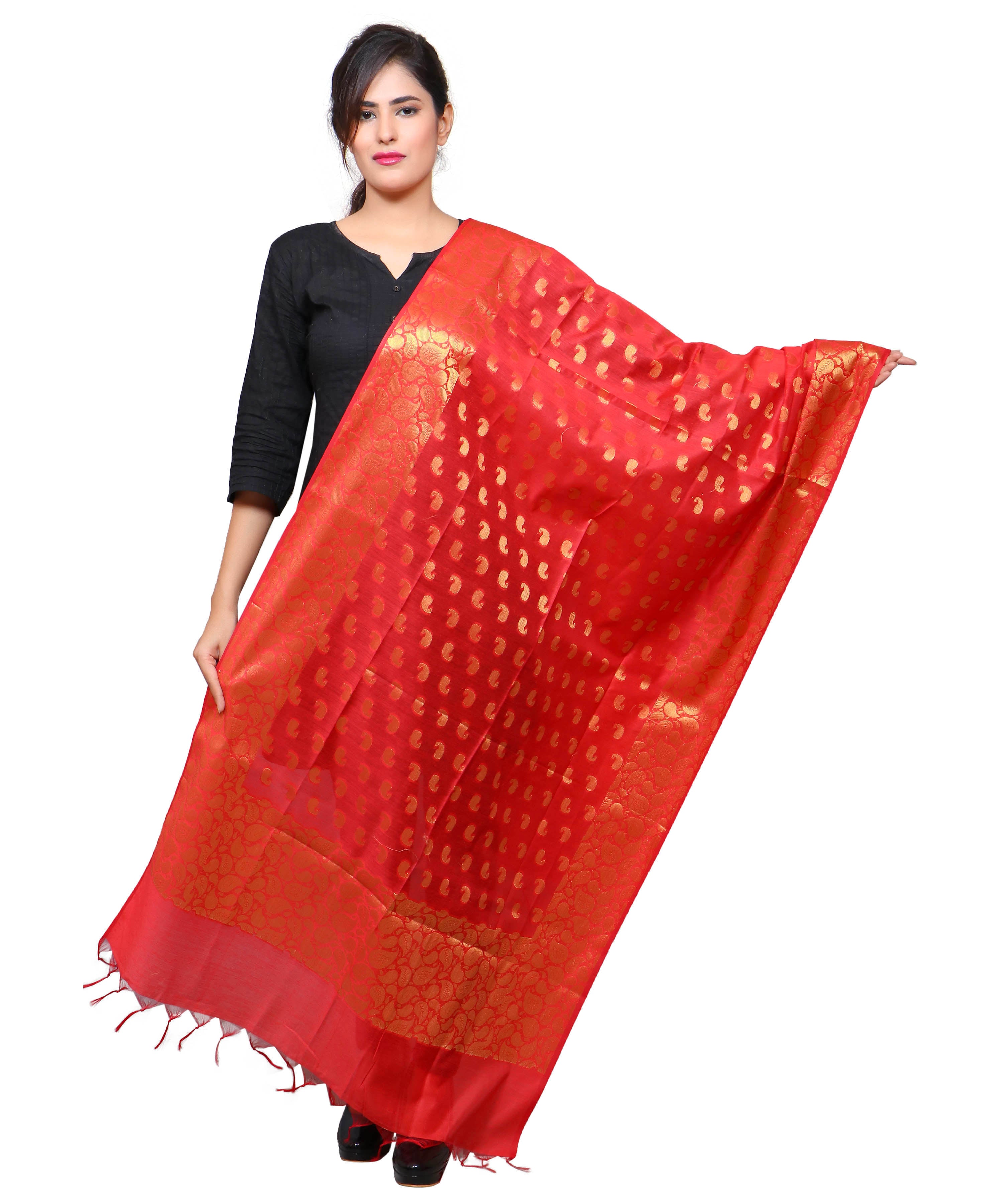 Banarasi Kora Silk Mango Butti Dupatta- Red