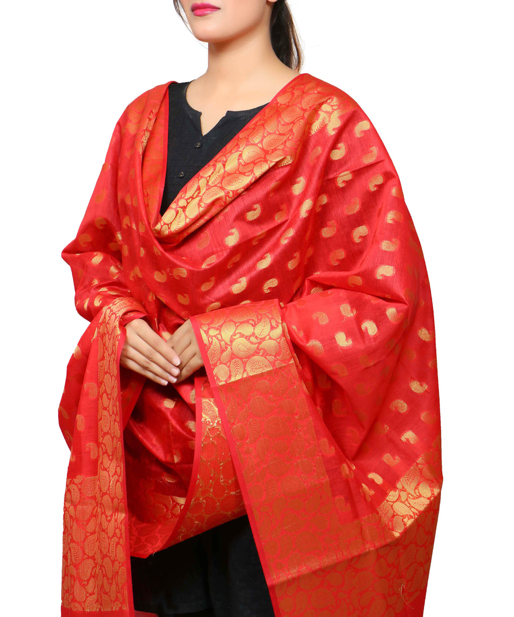 Banarasi Kora Silk Mango Butti Dupatta- Red
