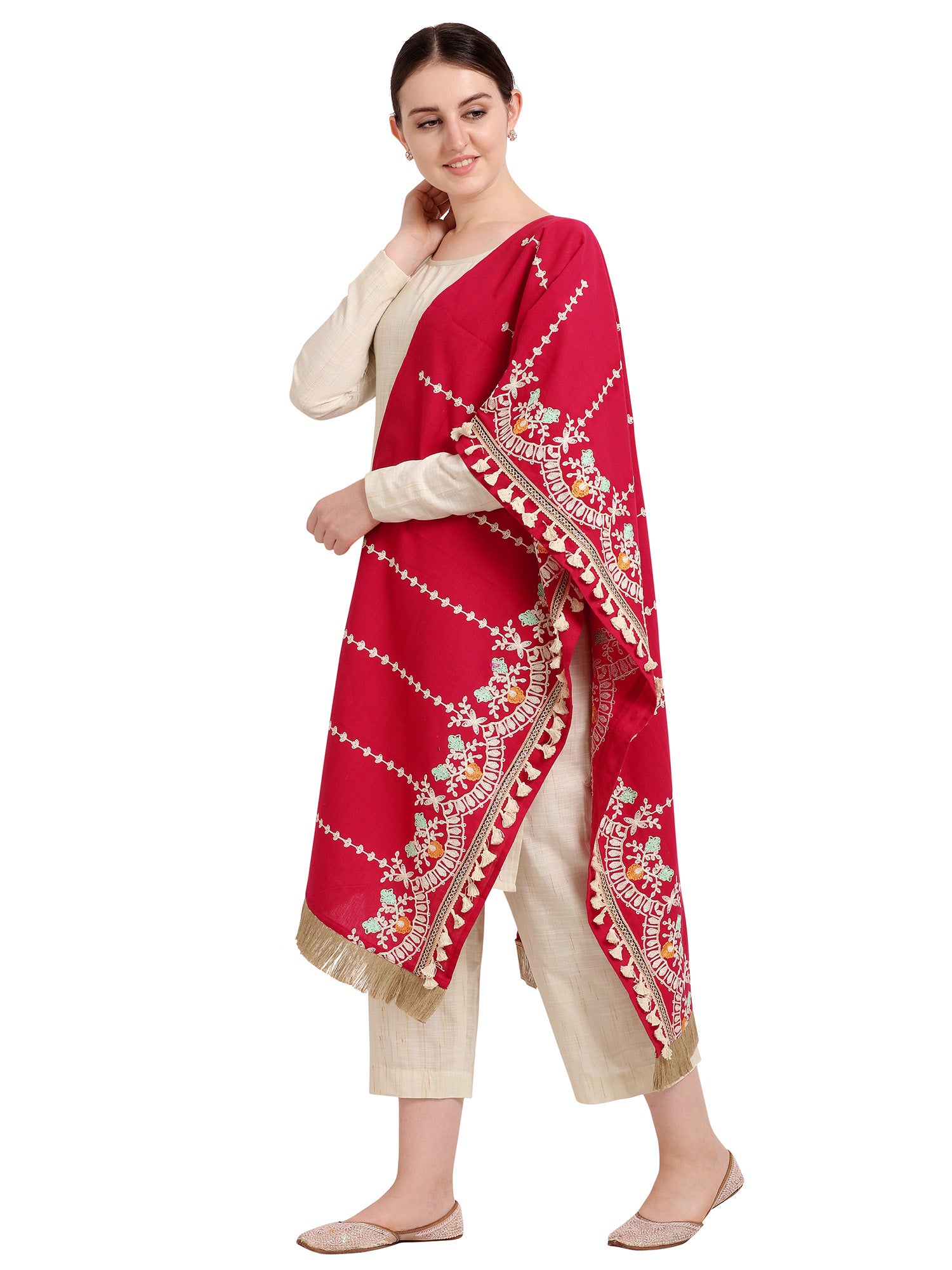 Premium Red Floral Embroidered Stole With Cotton Tassels Lace _MF7006